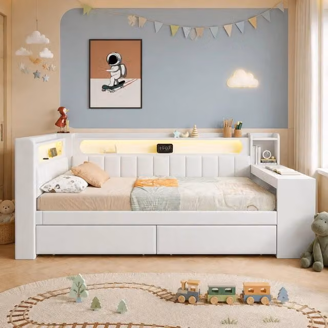 Letto giorno 90x200 con USB; LED; scrivania e 2 cassetti; bianco