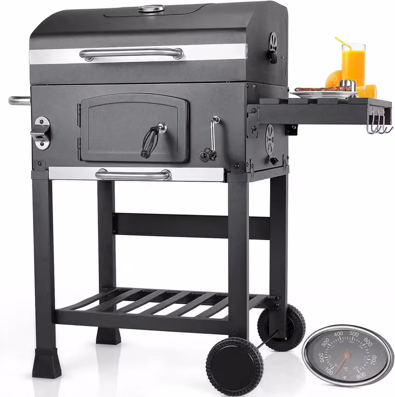 Barbecue a carbone con carrello - Griglia da giardino e affumicatore - Con coperchio e 2 ruote - Griglia portatile per giardino e campeggio - Materiale: plastica