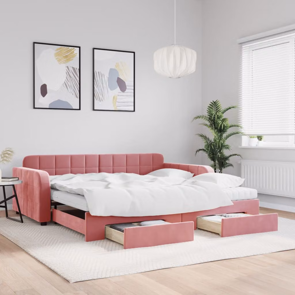 vidaXL Divano Letto Estraibile in Velluto Rosa con Cassetti, L/P/H: 223 x 100 x 71 cm