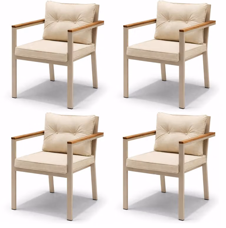 Sedia color beige, stile moderno, struttura in metallo, sedia da giardino con braccioli in legno