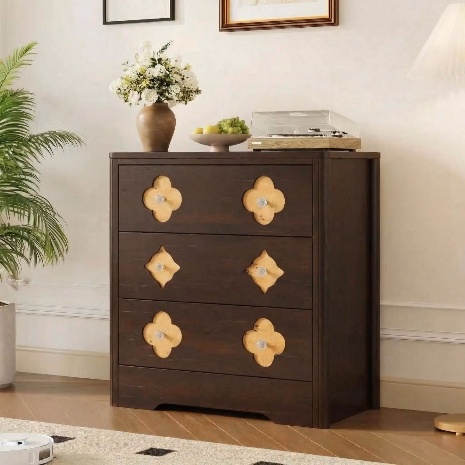 Comodino moderno - Mobiletto contenitore con 3 cassetti - Legno - Motivo floreale delicato - Spazio di stoccaggio pratico - 80 x 40 x 77 cm - Marrone
