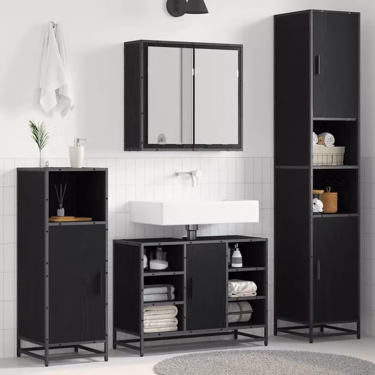 Set di mobili per il bagno moderno vidaXL composto da 4 pezzi in legno e metallo nero con illuminazione LED, include armadietto con specchio, mobile lavabo, mobile laterale e colonna alta, L/P/H: 188.5 x 80.0 x 33.0 cm