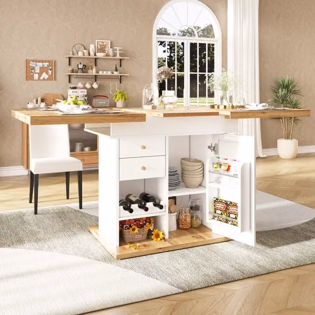 Tavolo da pranzo allungabile 110-140×80 cm con ripiani snack e vino, bianco, per cucina e soggiorno