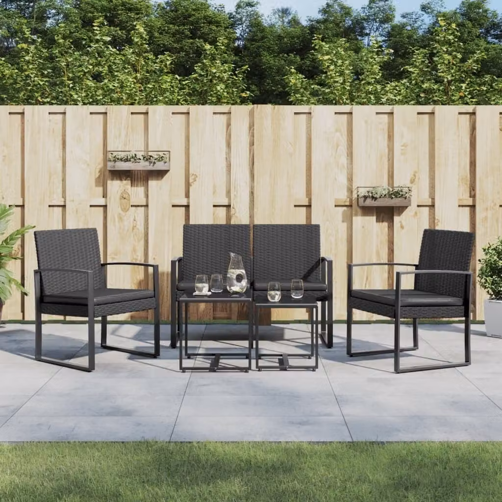The Living Store Set da pranzo da giardino 5 pezzi con cuscini nero PP rattan