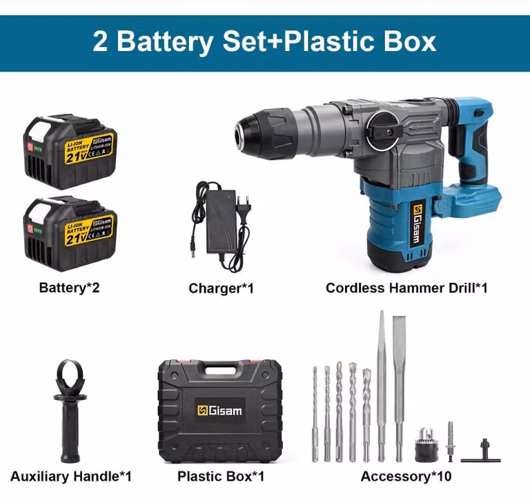 Trapano avvitatore a batteria da 5,5 J – Martello demolitore – Motore brushless – Per foratura e scalpellatura in cemento – Senza fili – Include 2 batterie