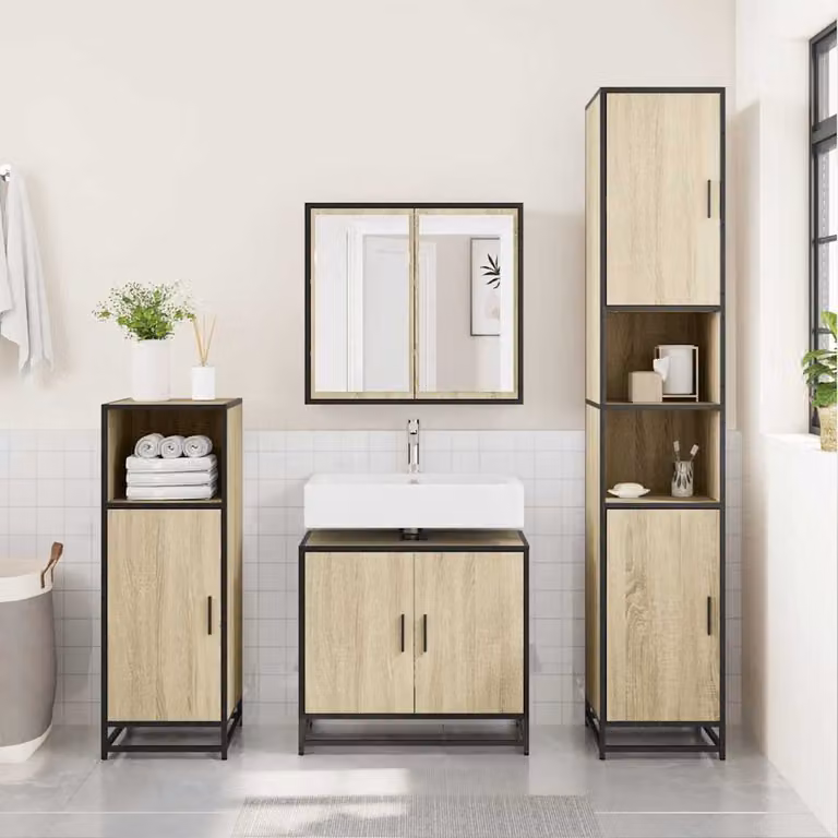 Mobiletto per lavabo da bagno vidaXL in stile industrial, Rovere Sonoma e metallo, L: 65 cm, P: 33 cm, H: 60 cm