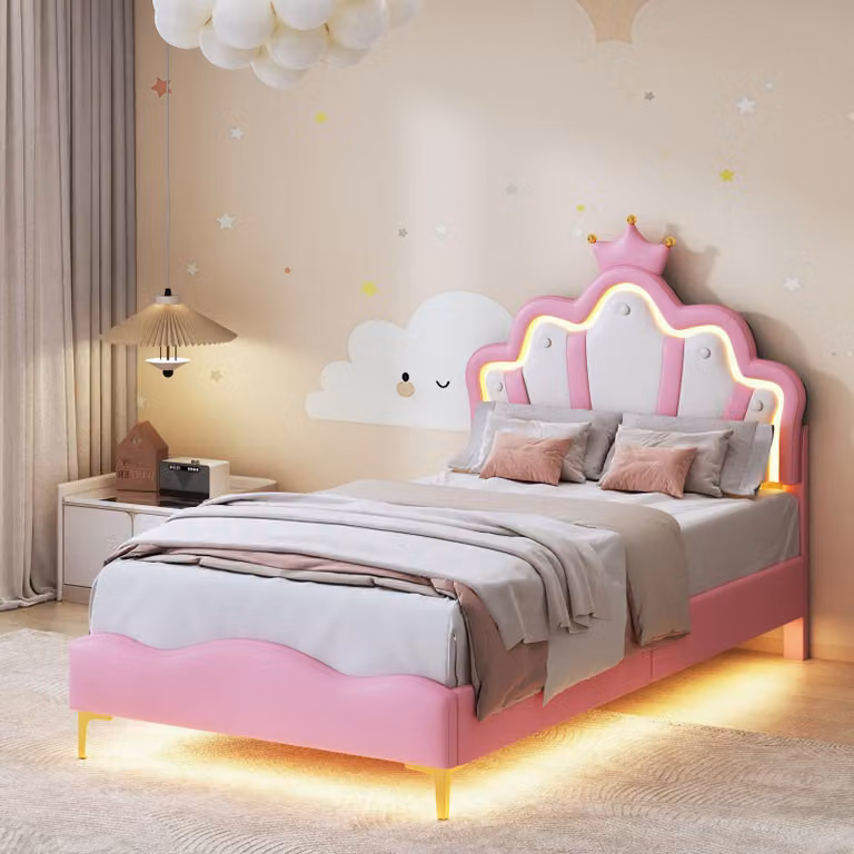 Letto per bambini 90x190 cm, imbottito con testiera a forma di , sistema RGB, testiera regolabile in altezza, rete a doghe, colore rosa, capacità fino a 150 kg, senza materasso