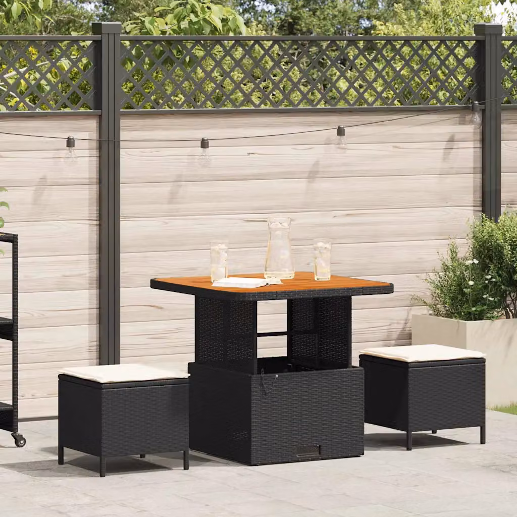 Set da pranzo per giardino e terrazzo vidaXL in polyrattan e legno di acacia, 3 pezzi, nero e beige