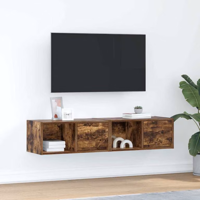 Set di 2 mobili TV sospesi vidaXL in legno multistrato color rovere fumo, design moderno per soggiorno, L 60 cm x P 31 cm x H 25,5 cm