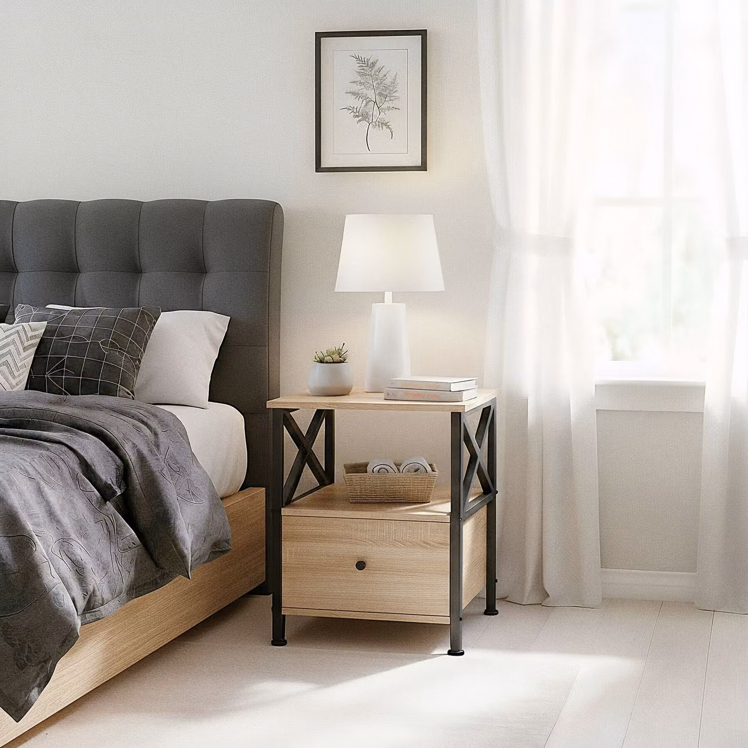 Comodino Falkirk TecTake in stile industriale, rovere Sonoma e beige, L: 40,0 cm, P: 41,5 cm, H: 55,5 cm – 2