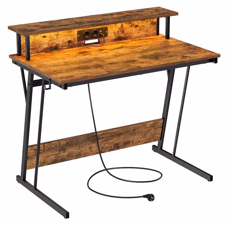 Scrivania vintage per computer, color marrone, con supporto per monitor – realizzata in pannello di particelle di legno/acciaio – dimensioni 60 x 100 x 76 cm