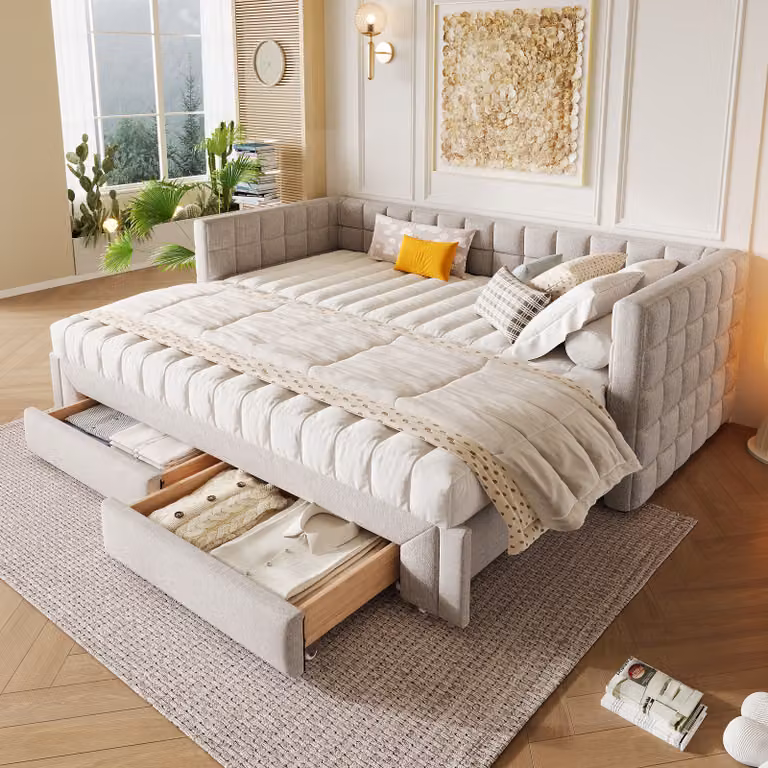 STILVORA Letto imbottito 90 x 200 cm Divano letto con letto estraibile (estensibile fino a 180 cm), divano letto con 2 cassetti e schienale quadrato, beige (senza materasso)