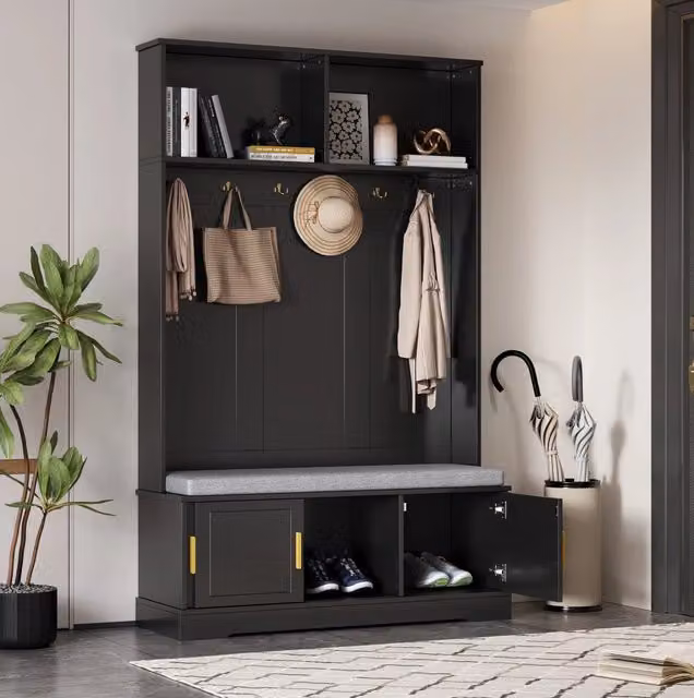 Appendiabiti da ingresso con panca e scarpiera; 6 ganci; nero; 120x40x191 cm