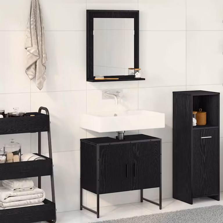 Set di mobili da bagno vidaXL composto da armadietto con specchio e mobile lavabo, colore nero, design moderno con finitura lucida