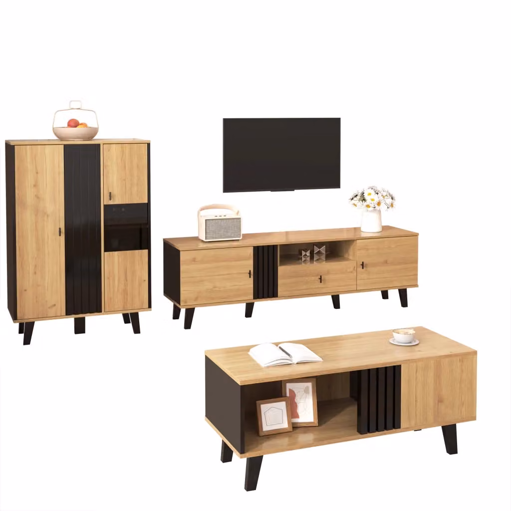 Mobile TV e Madia Chicfurn con LED in Vetro e Pannelli di Particelle, Nero e Legno, L: 170,0 cm, H: 103,5 cm – 2