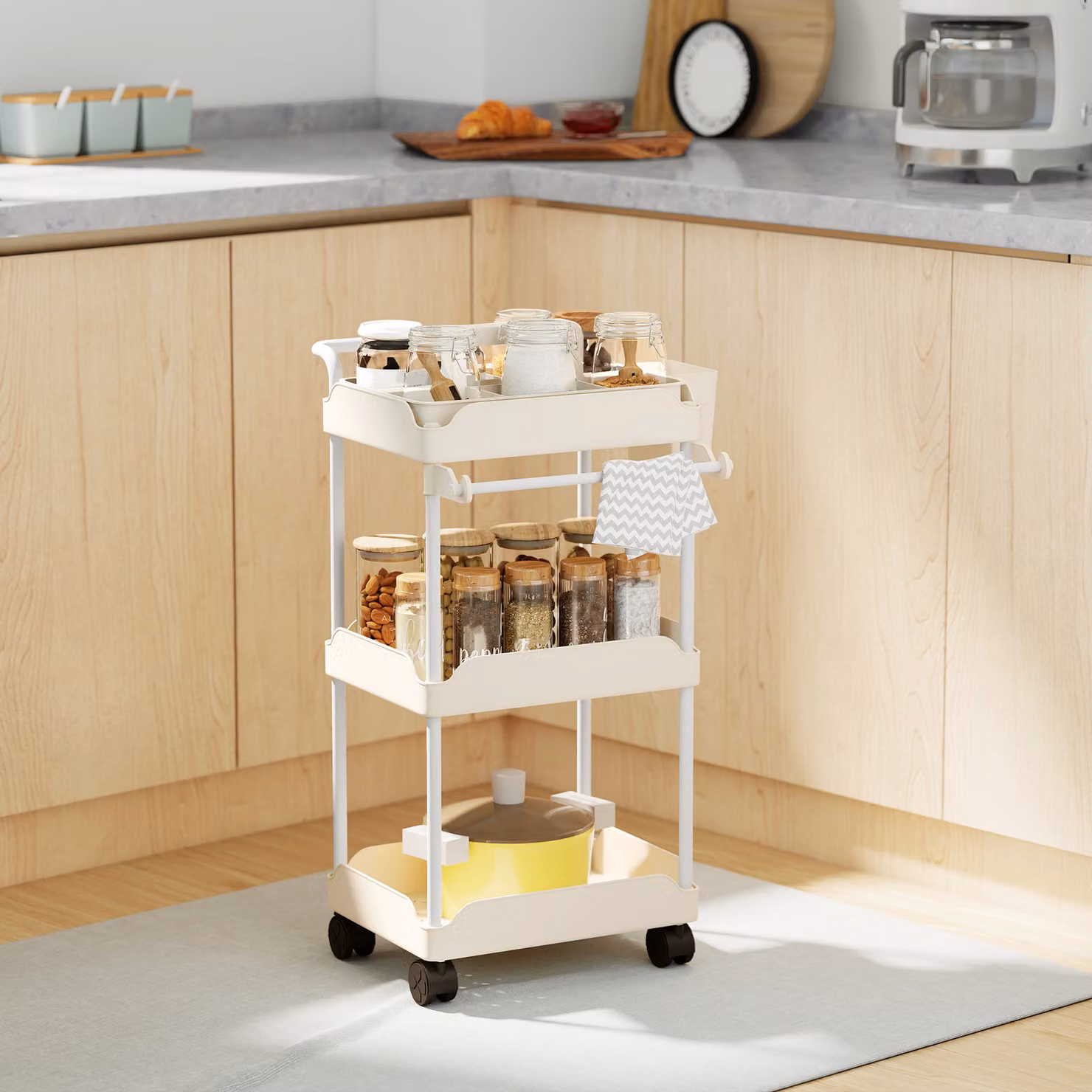 Carrello ausiliario con ruote HOMCOM a 3 livelli con ceste estraibili e portasalviette, colore bianco – 2