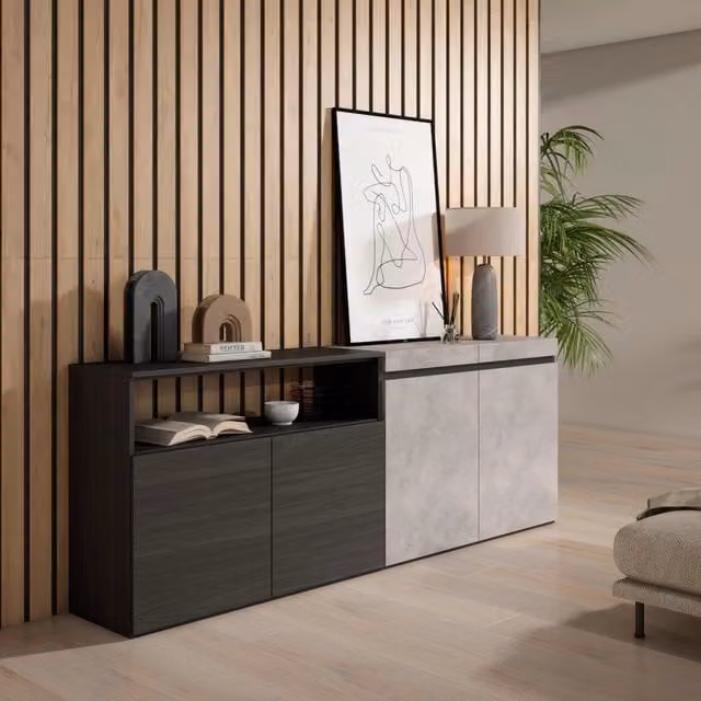 Credenza, Mobile, 200x35x75cm, 4 Porte, grande stoccaggio, grigio cemento RF2407