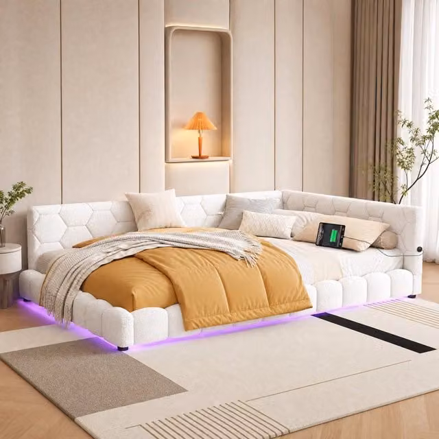 Letto da giorno ULEVR 140x200 cm con rete a doghe, LED regolabile a 16 colori, USB e Type-C, bianco