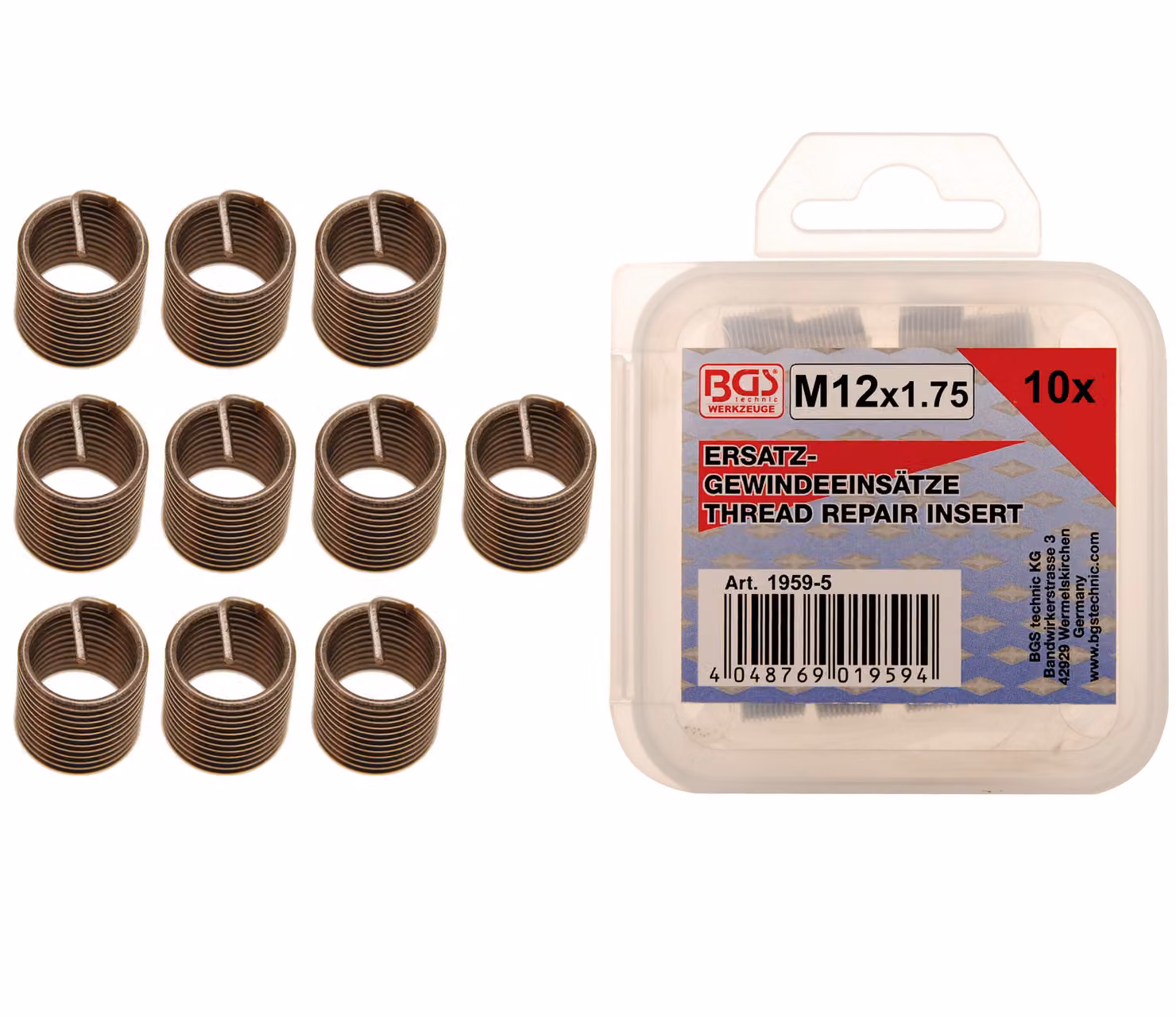 BGS inserti filettati di ricambio M12 x 1,75 mm 10 pezzi - 1959-5