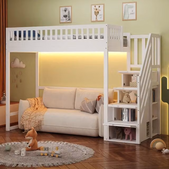Letto a castello alto 90x200 cm in legno bianco con scala contenitore e LED
