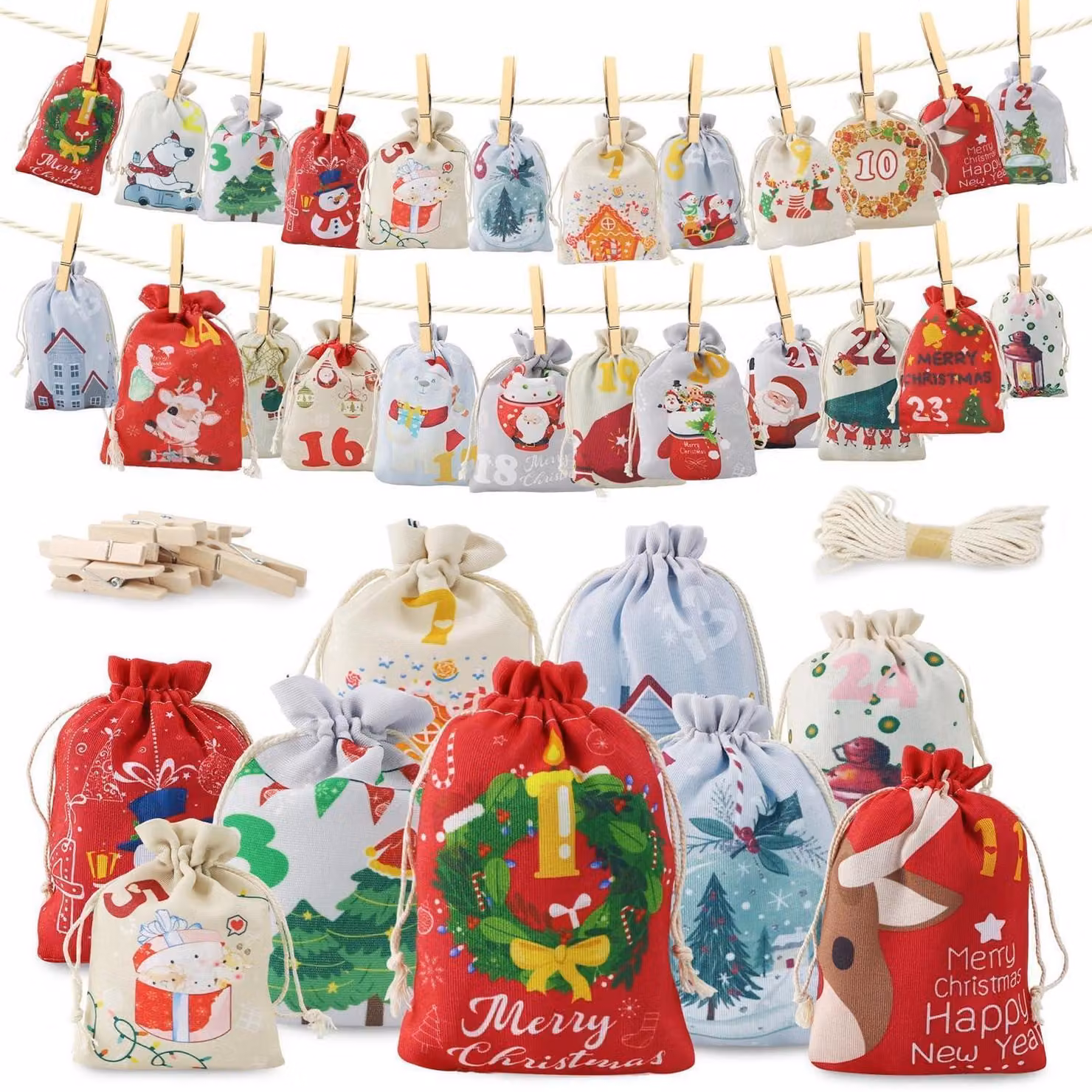 24 sacchetti per l'avvento, da riempire, disponibili in 2 dimensioni, con numeri da 1 a 24, clip e corda, tessuto, ideali per Natale