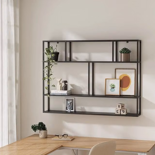 Scaffale da parete Jämijärvi en.casa in metallo nero opaco con scomparti aperti L: 90 cm, H: 120 cm, P: 18 cm