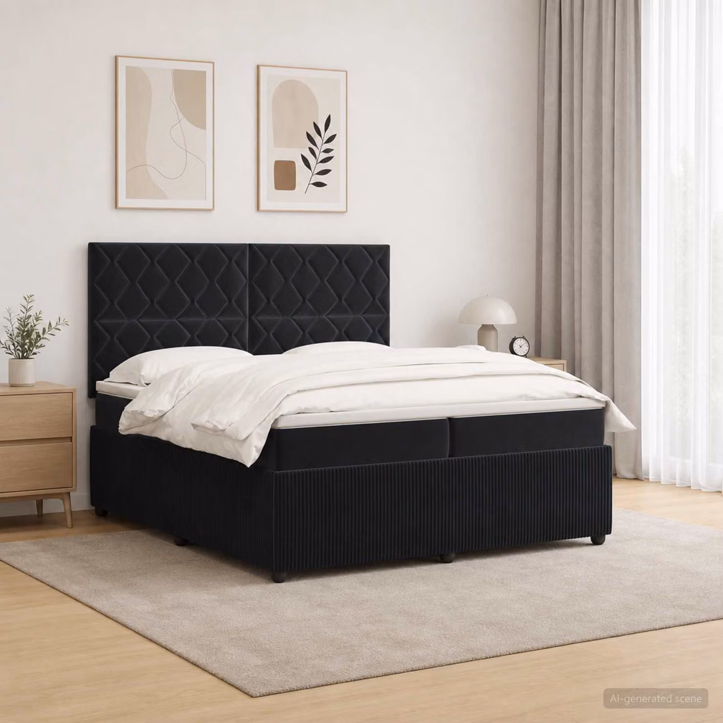 Letto Box Spring vidaXL in Velluto Nero con Materasso Ibrido e Illuminazione LED USB L/P: 200 x 200 cm
