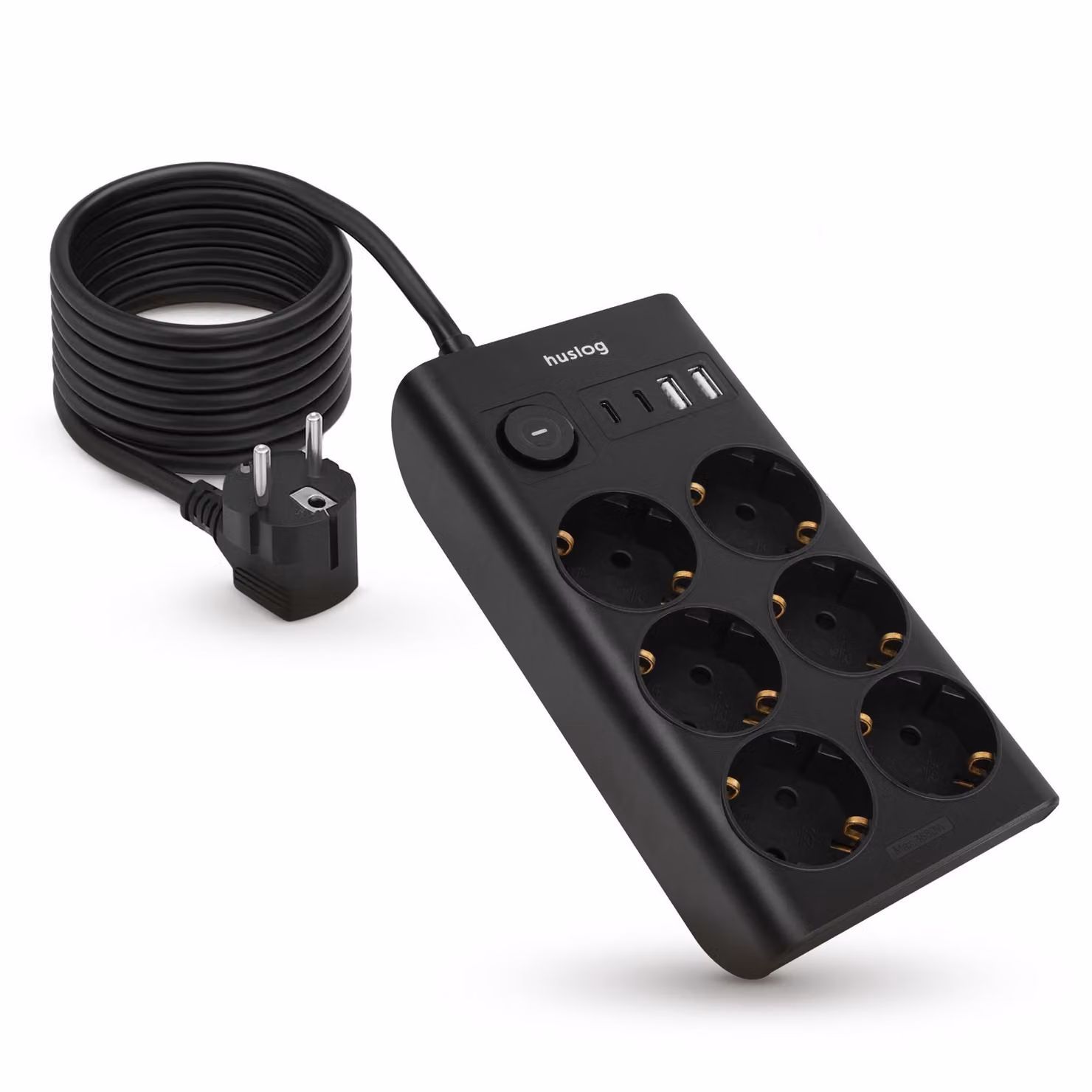 Ciabatta multipresa Huslog a 6 prese con USB, 4 porte USB, protezione da sovratensione, 1,5 metri, colore nero