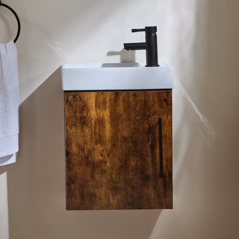 Mobile Bagno Rovere Scuro Sospeso da 400mm con Lavabo e Maniglia con Barra a T Nera - Cluo