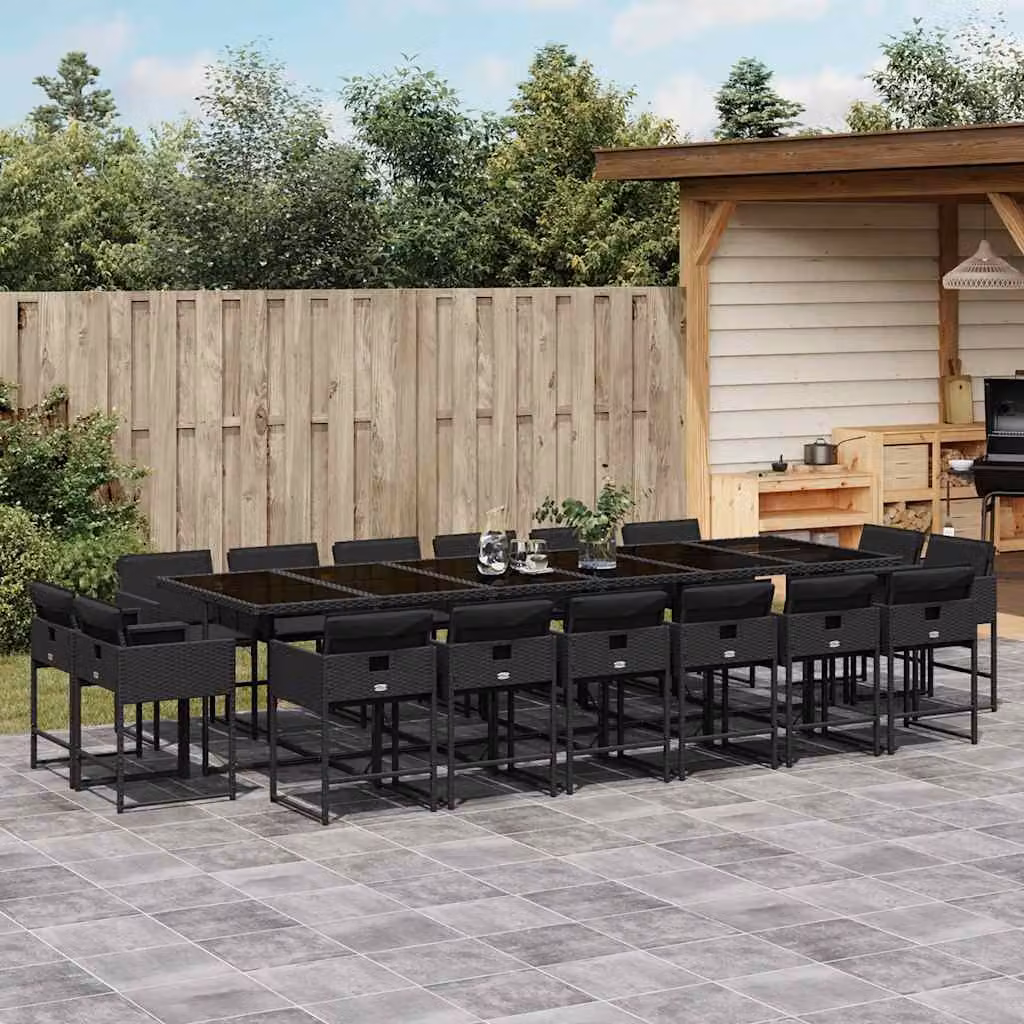 vidaXL Set da Pranzo da Giardino 17 pz in Polyrattan Nero con Cuscini e Tavolo in Vetro – 1