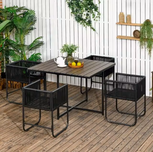 Set da pranzo da giardino 5 pezzi in rattan grigio; tavolo 110x110 cm e 4 sedie