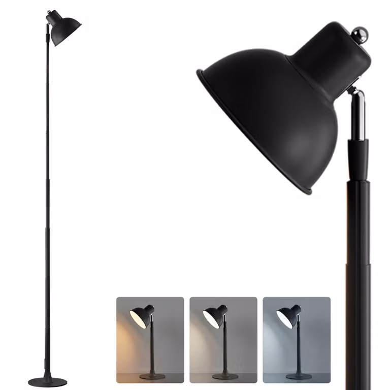 Lampada da terra LED, nera, con dimmer, lampada da tavolo USB, 3 temperature di colore, altezza regolabile da 45 a 145 cm, ideale per lettura, soggiorno e camera da letto, base in metallo