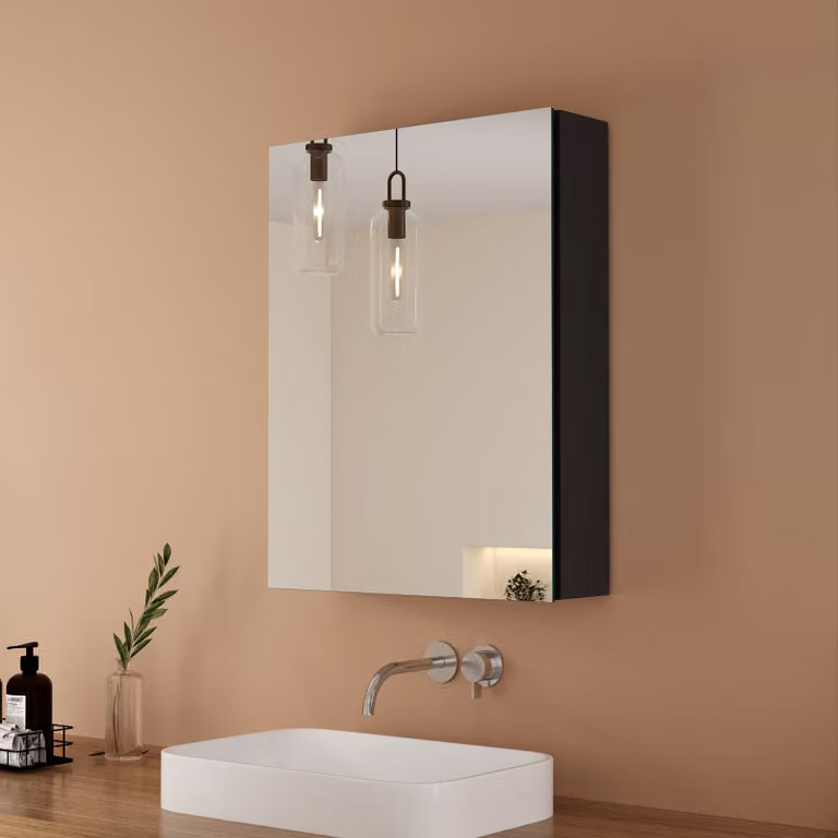 Armadio a specchio EMKE nero opaco, 50x65x14,5 cm, anta singola in alluminio e ripiano in vetro regolabile, chiusura ammortizzata, armadio a specchio per bagno