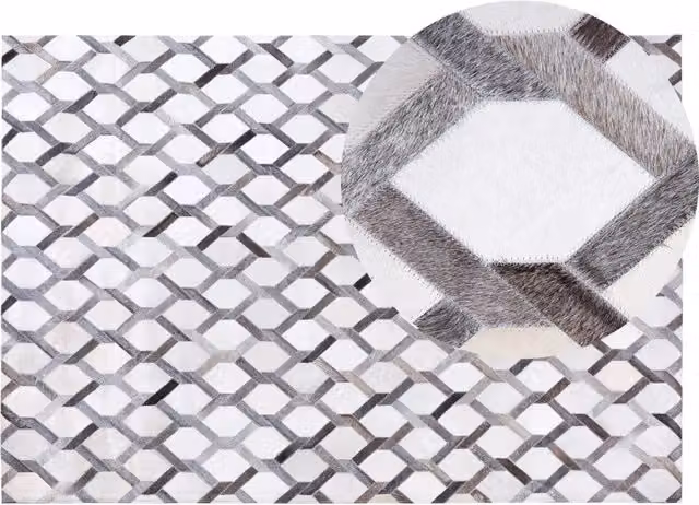 Tappeto in pelle bovina BELIANI con motivo geometrico a diamante, moderno e rettangolare, Grigio e Beige, L: 140 cm x P: 200 cm