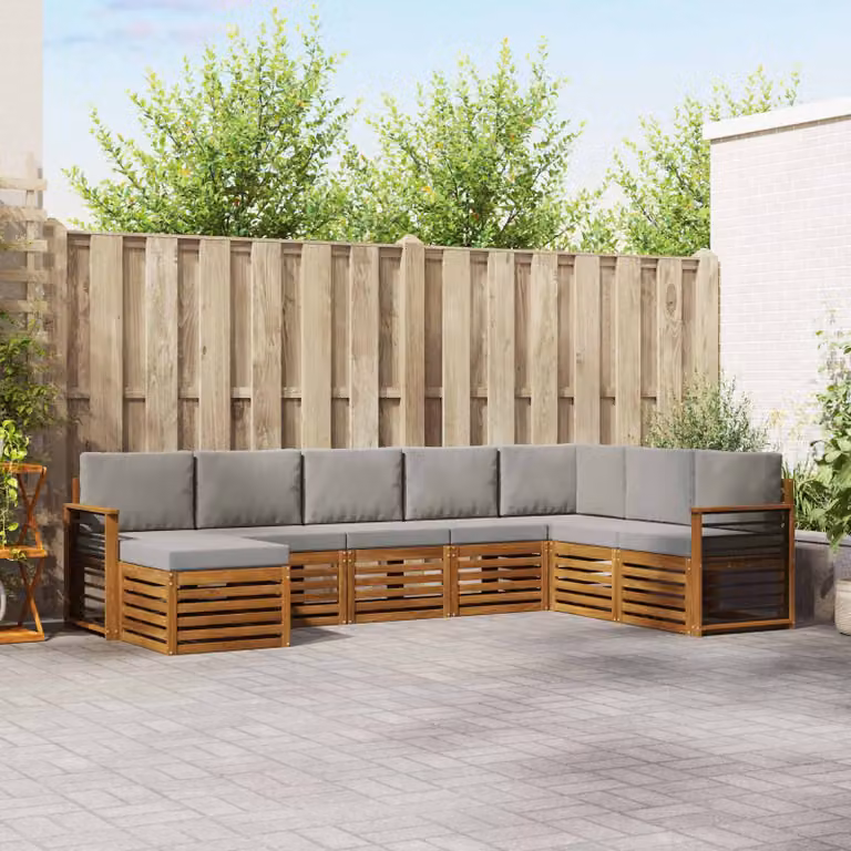 Set di divani da esterno vidaXL 8 pz in legno di acacia con cuscini, forma a L, colori beige, grigio e marrone
