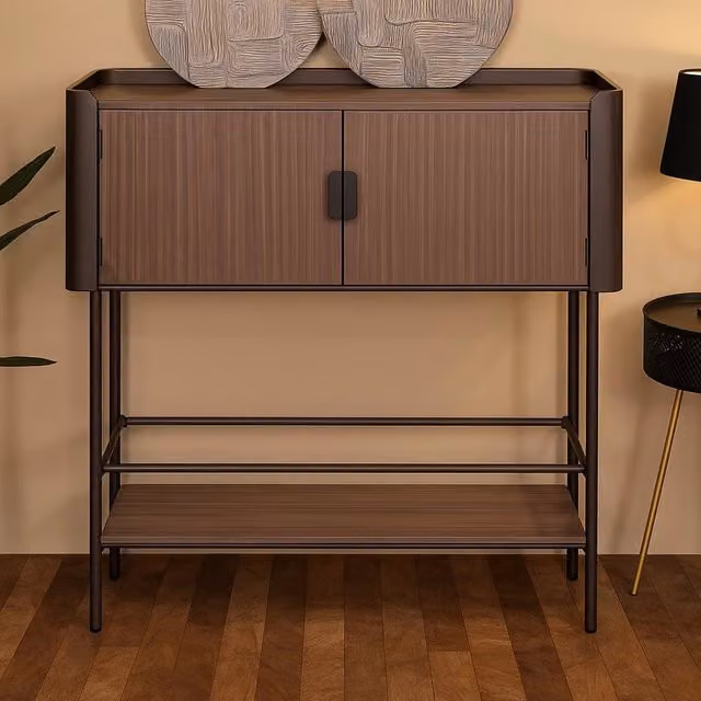 Mobile porta TV Quilt DMORA, Credenza moderna per soggiorno in legno e metallo, Grigio e Marrone, L: 100 cm, P: 42 cm, H: 110 cm – 1