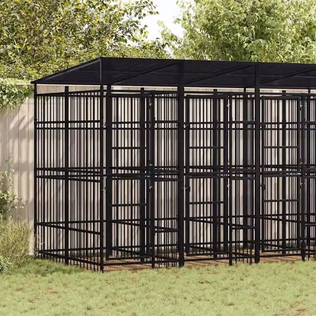Gabbia per cani da esterno vidaXL in metallo nero con tetto resistente alle intemperie