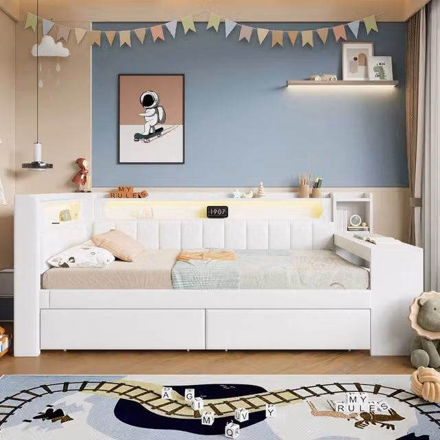 Lettino diurna imbottito; 90x200cm; con scrivania USB LED 2 cassetti; bianco