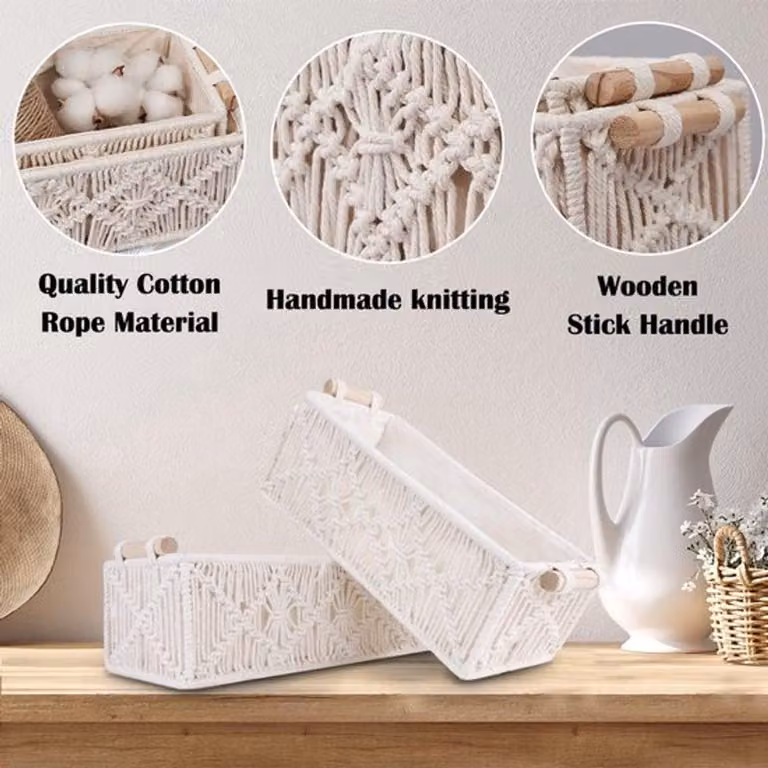 Set di 2 cesti per la conservazione - Macramè - Colore bianco - Maniglie in legno - Organizzatore per il bagno - 34x16x10 cm / 31x14x10 cm - Contenitori per la conservazione