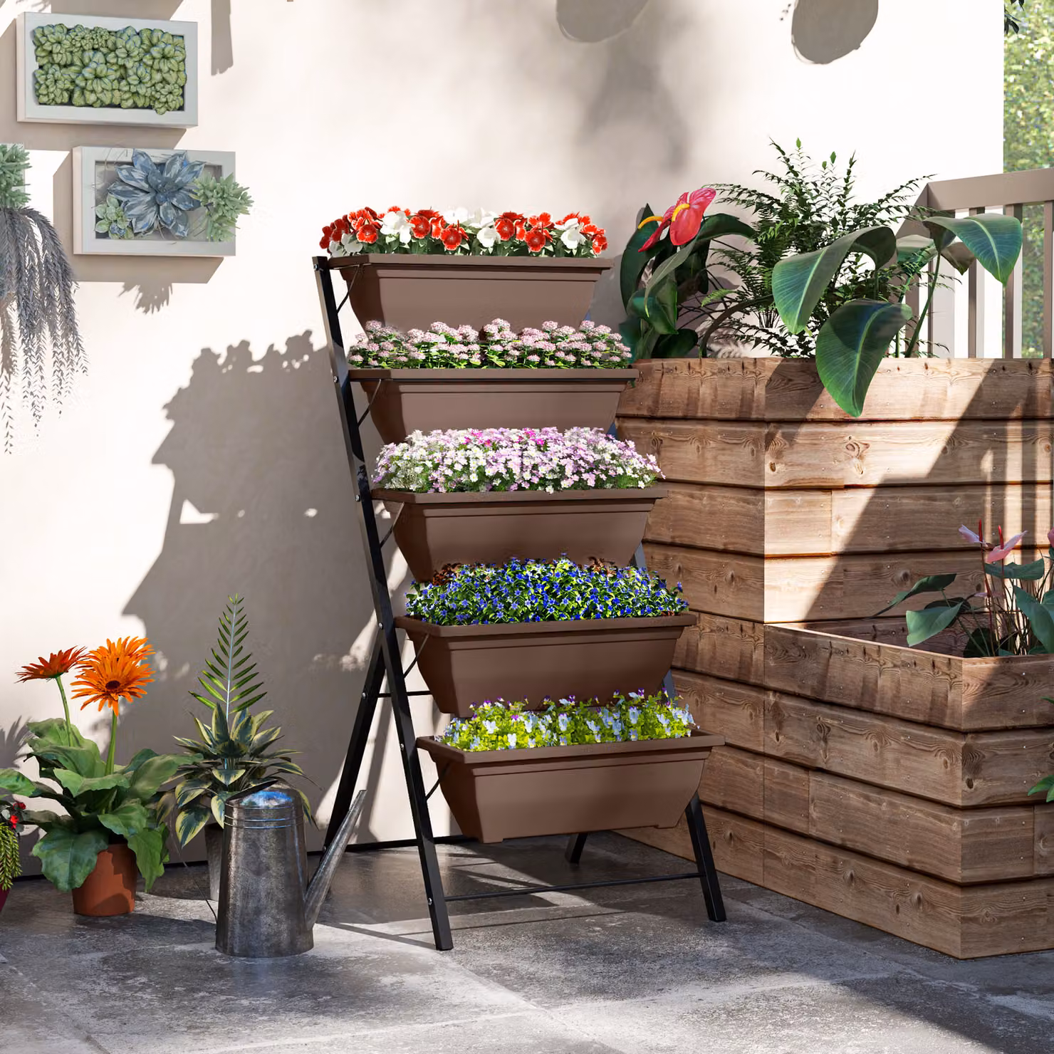 Portapiante Verticale Outsunny a 5 Livelli con 5 Vasi in Acciaio e PE, Marrone, H x L x P: 120 x 55 x 63 cm – 2