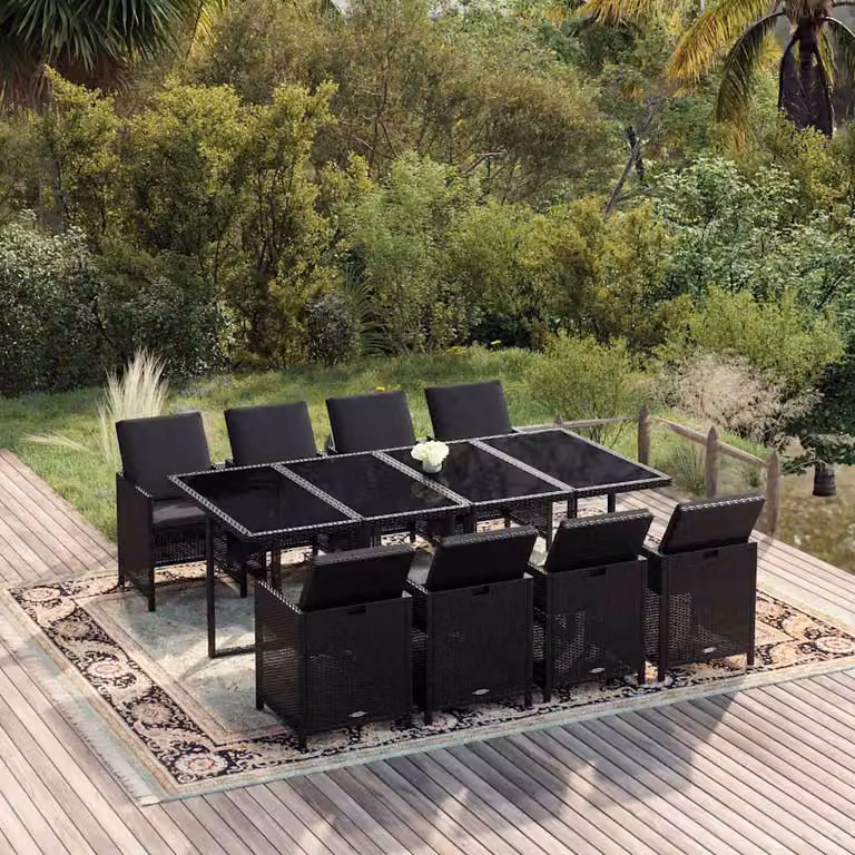 Set da Pranzo da Giardino vidaXL in Polyrattan Nero con 9 Pezzi e Cuscini
