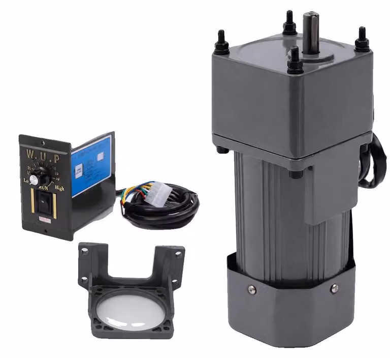 Motore a velocità variabile, tensione 220V, potenza nominale 90W, rapporto di trasmissione 20:1, dimensioni del motore 16,5 x 9 x 9 cm, dimensioni del riduttore 6,2 x 9 x 9 cm