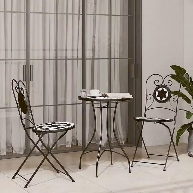 Set da Bistrot con Mosaico Nero e Bianco in Ferro e Ceramica 3216354