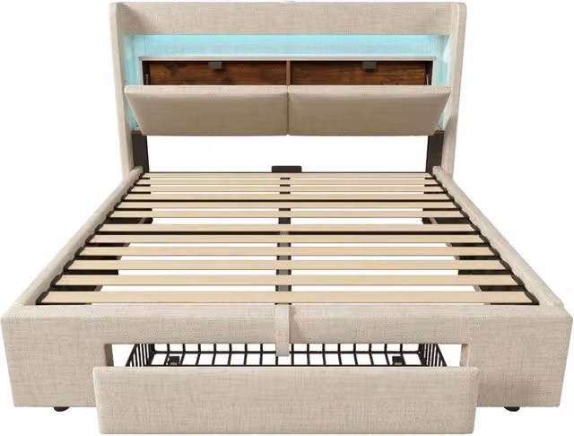 Letto imbottito 140x200 cm con contenitore idraulico, testiera con vano portaoggetti, illuminazione LED e porte USB/USB-C, struttura con doghe in legno, beige, lino, con materasso