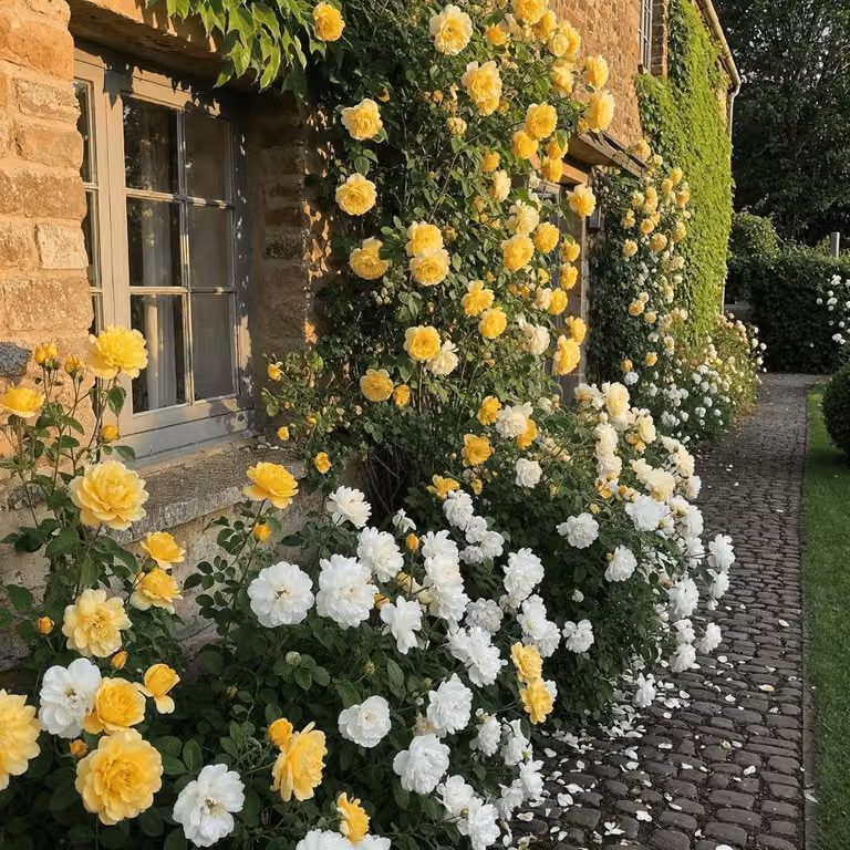 Rose rampicanti bianche e gialle - 2 piante - Perenni resistenti al freddo - Vere rose olandesi - Ideali per muri, archi e recinzioni (non semi, non artificiali)