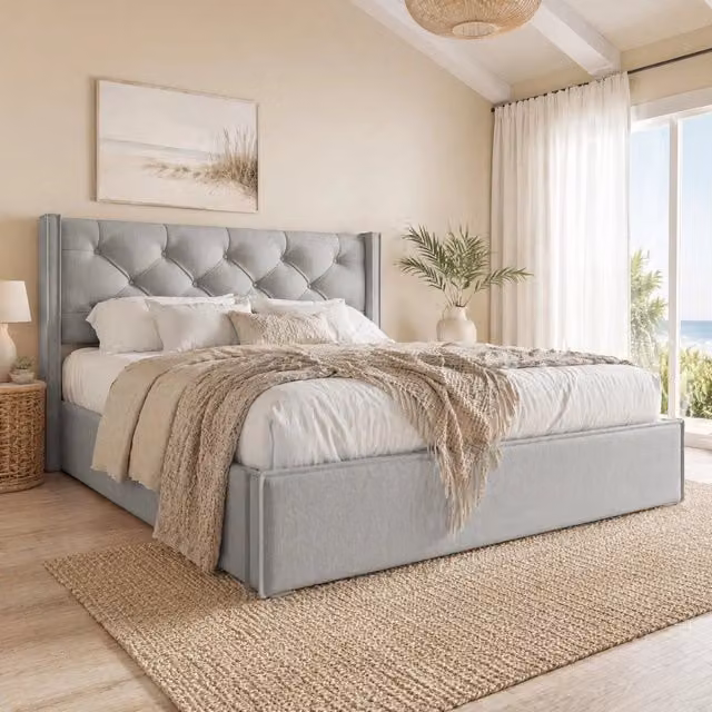 Letto matrimoniale imbottito 140x200 cm con doghe in metallo, telaio in legno massiccio e cotone, colore grigio chiaro con contenitore