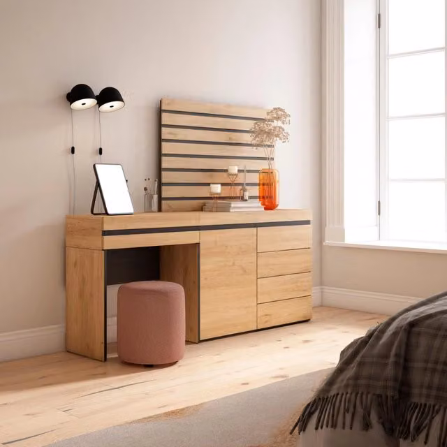 Tavolo da toeletta, 177x35x145cm, Con cassetto, Cassettiera, Pannelli Decorativi, colore Rovere RF3479