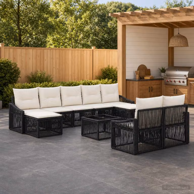 Set Divano da Giardino vidaXL 10 Pezzi a Forma di U in Polyrattan Nero con Cuscini e Tavolino