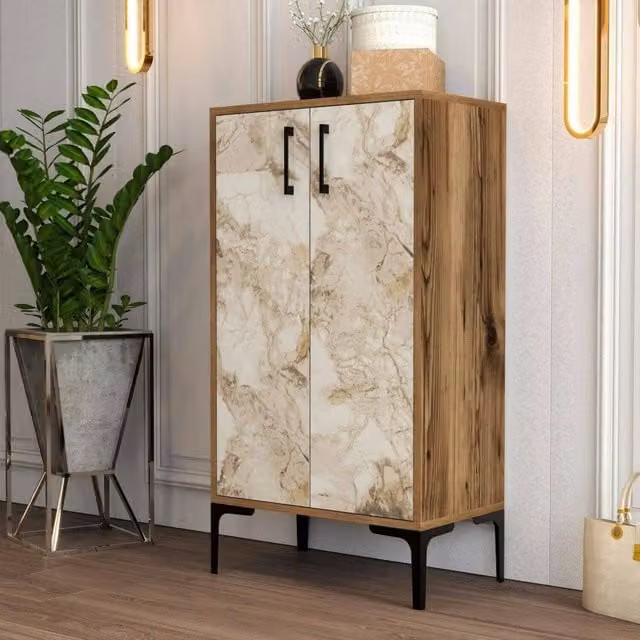 Scarpiera Axarix, Mobile portascarpe, Armadio da ingresso multiuso, Mobiletto per calzature, 60x35h111 cm, Noce e Bianco Marmo