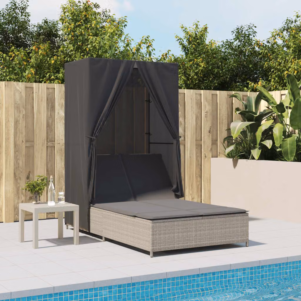 vidaXL Lettino Prendisole con Tetto e Tende in Polyrattan Grigio Chiaro